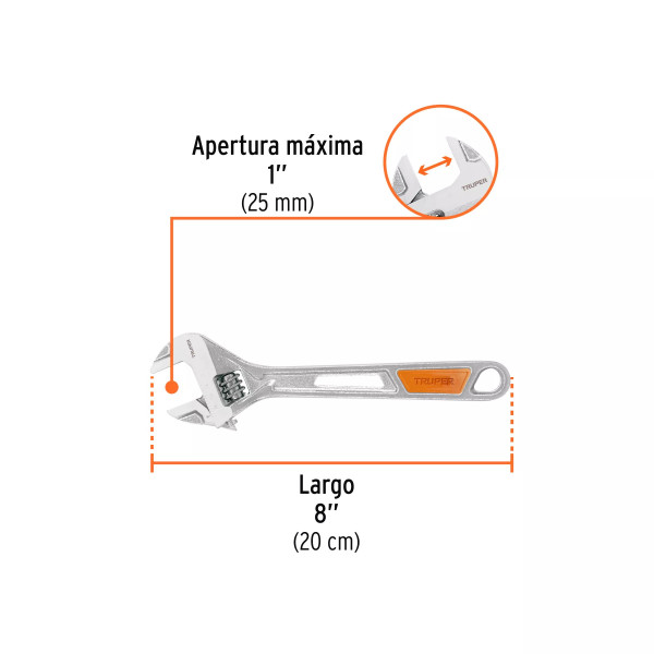 Llave Ajustable (Perico) 8' Cromada Mango De Pvc, Truper