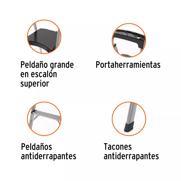 Escalera Tubular Plegable, 2 Peldaños, Aluminio, Truper