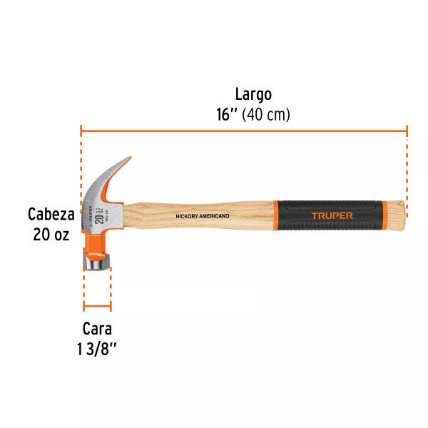 Martillo Pulido 20 Oz Uña Curva, Mango Hickory, Truper Grip | Martillos y Mazos Ferreterias Ferretodo