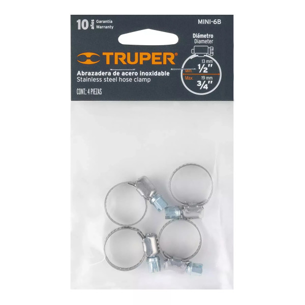 Bolsa C/4 Mini Abrazaderas Sin Fin No 6, 1/2 - 3/4", Truper | Cinchos, Abrazaderas y Similares Ferreterias Ferretodo