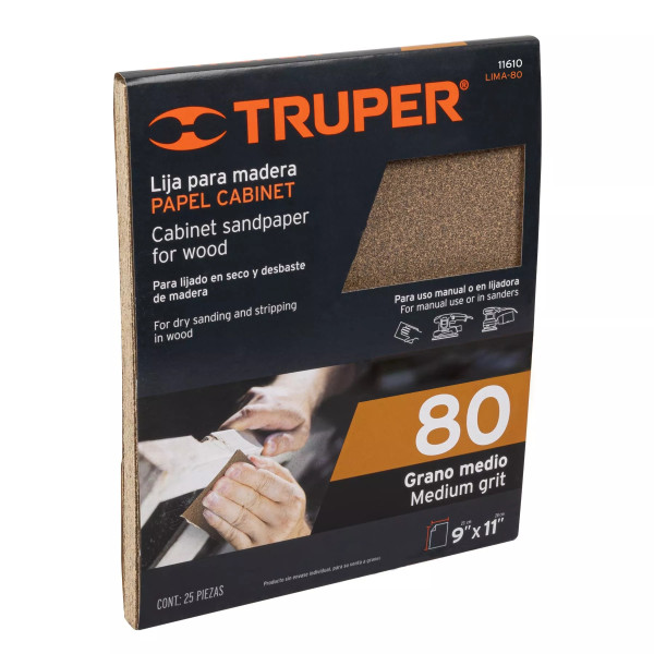 Lija para Madera Papel Cabinet, Grano 80, Truper | Lijas para Madera Ferreterias Ferretodo