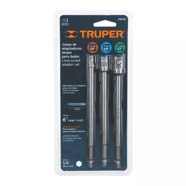 Juego de 3 adaptadores largos para dados de 1/4", 3/8" y 1/2" | Ferreterias Ferretodo Guatemala