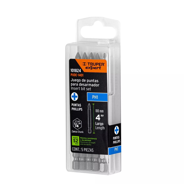 Estuche con 5 Puntas de Cruz ph1 Largo 4", Truper Expert | Brocas, puntas y similares Ferreterias Ferretodo