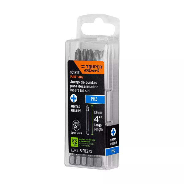 Estuche con 5 Puntas de Cruz ph2 Largo 4", Truper Expert | Brocas, puntas y similares Ferreterias Ferretodo