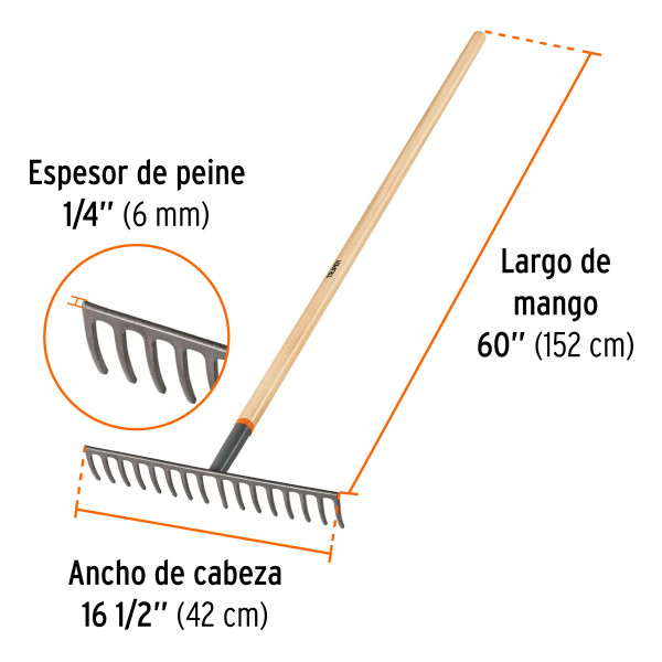 Rastrillo recto de 16 Dientes, Mango de 60", Truper | Ferreterias Ferretodo Guatemala