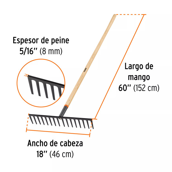 Rastrillo Recto reforzado, 16 Dientes, Mango de 60", Truper | Ferreterias Ferretodo Guatemala