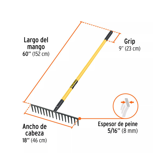 Rastrillo Recto, 16 Dientes, Mango de fibra de vidrio de 60" | Ferreterias Ferretodo Guatemala