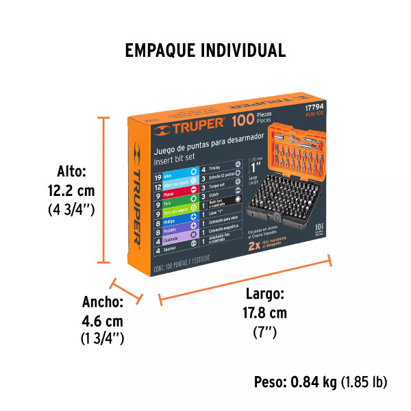 Juego De 100 Puntas Mixtas Largo 1' En Estuche Plástico | Brocas, puntas y similares Ferreterias Ferretodo