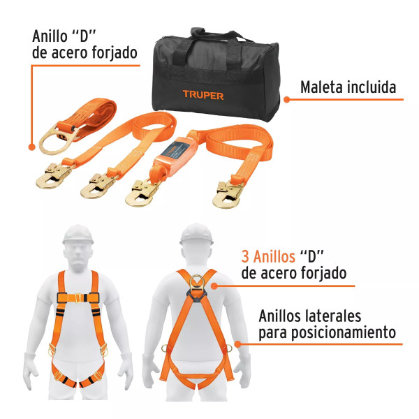 Kit contra caídas con arnés de tres anillos, Truper | Ferreterias Ferretodo Guatemala