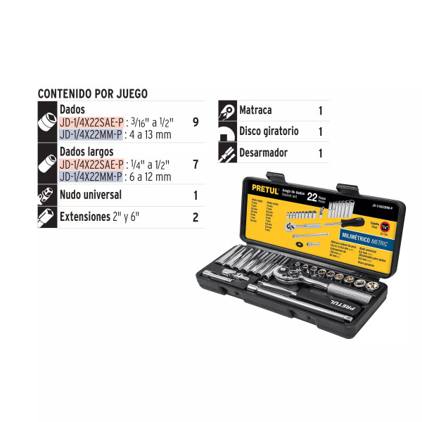 Juego De 22 Herramientas 1/4' Mm Para Mecánico, Pretul | Llaves de precisión