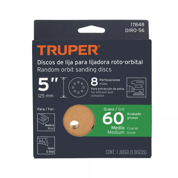 Paquete c/5 discos de lija 5" grano 60, 8 perforaciones | Discos Corte, Pulido y Abrasivos Ferreterias Ferretodo