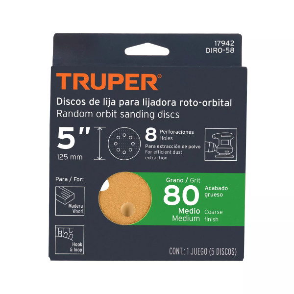 Paquete c/5 discos de lija 5" grano 80, 8 perforaciones | Discos Corte, Pulido y Abrasivos Ferreterias Ferretodo