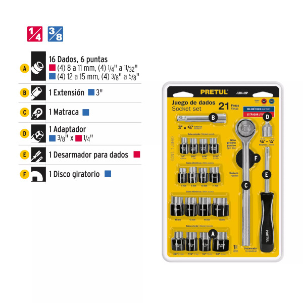 Juego De 21 Herramientas 1/4' Y 3/8' Para Mecánico, Pretul | Llaves de precisión