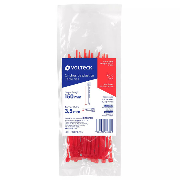 Bolsa Con 50 Cinchos Plásticos 40 Lb, 150 X 3.5 Mm, Rojos | Cinchos, Abrazaderas y Similares Ferreterias Ferretodo