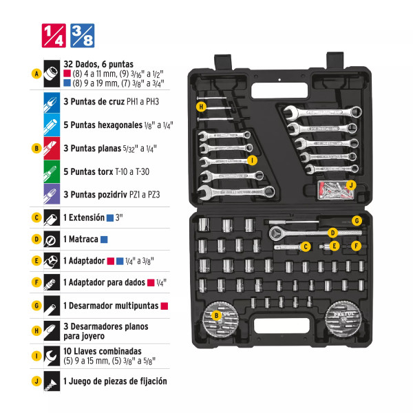 Juego De 71 Herramientas 1/4' Y 3/8' Para Mecánico, Pretul | Llaves de precisión
