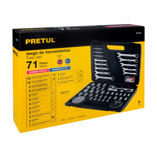 Juego De 71 Herramientas 1/4' Y 3/8' Para Mecánico, Pretul | Llaves de precisión