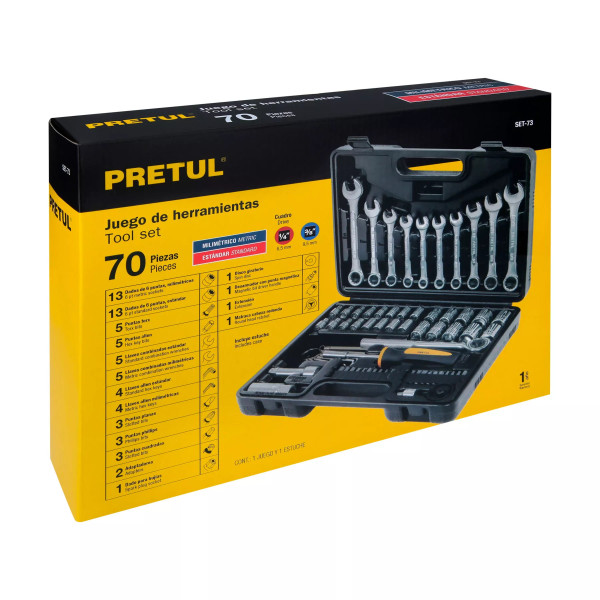 Juego De 70 Herramientas 1/4' Y 3/8' Para Mecánico, Pretul | Llaves de precisión