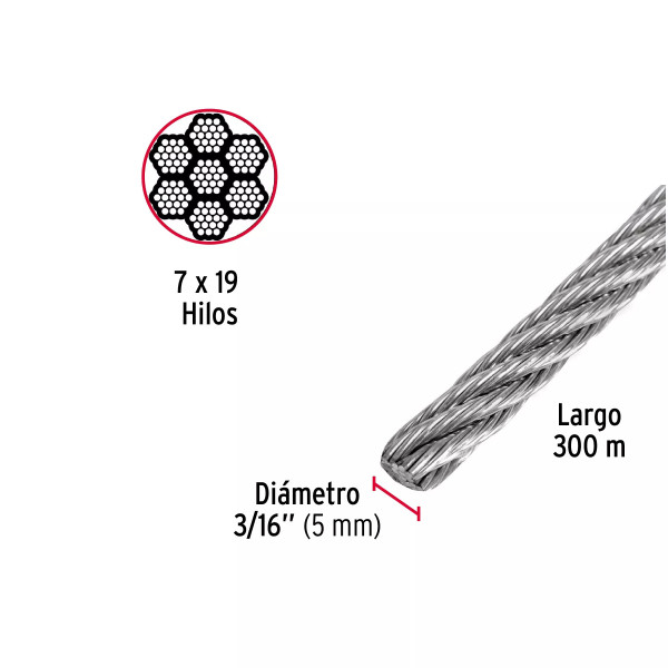 Cable flexible 3/16" de acero 7x19 hilos, 300 m | Ferretería General Ferreterias Ferretodo