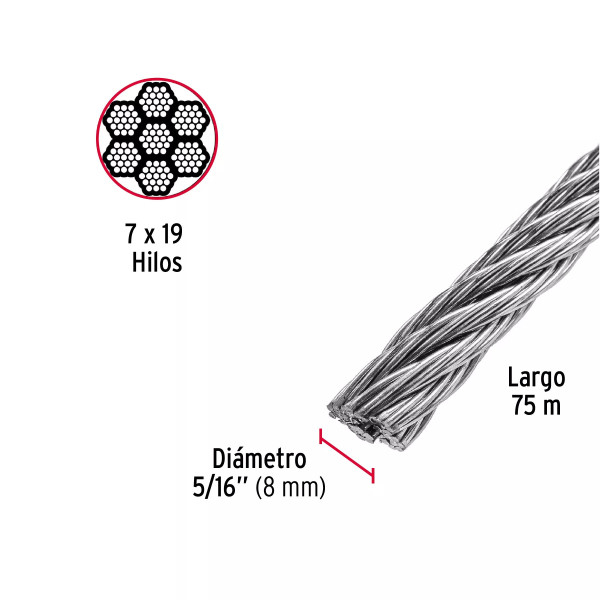 Cable flexible 5/16" de acero 7x19 hilos, 75 m | Ferretería General Ferreterias Ferretodo