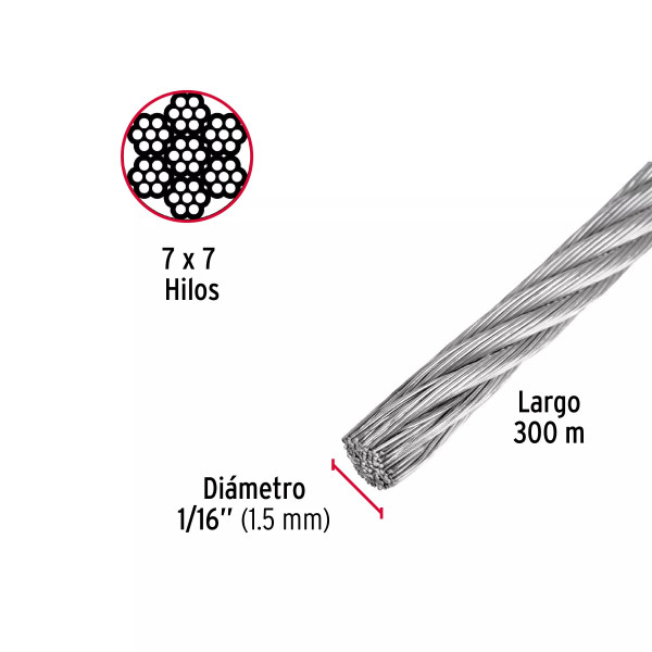 Cable rígido 1/16" de acero 7x7 hilos, 300 m, FIERO | Ferretería General Ferreterias Ferretodo