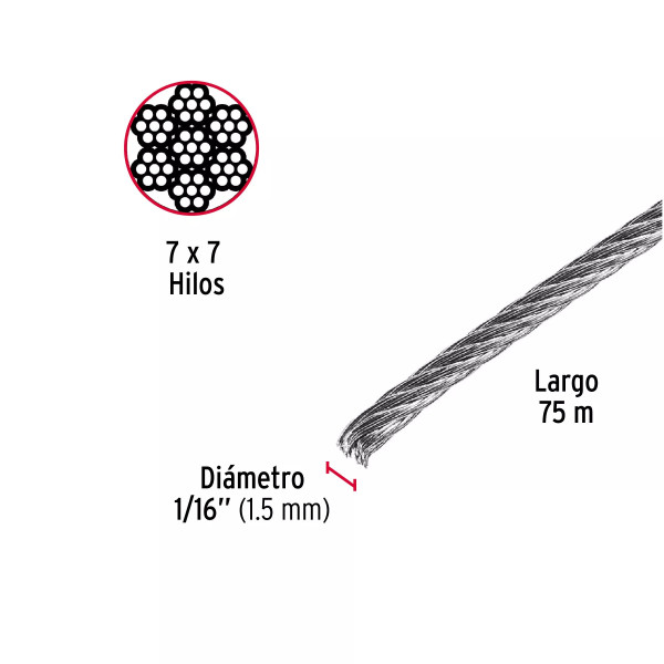 Cable rígido 1/16" de acero 7x7 hilos, 75 m, FIERO | Ferretería General Ferreterias Ferretodo