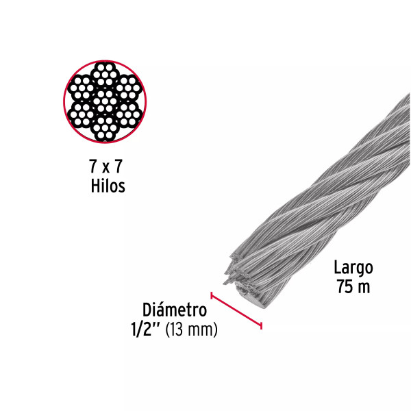 Cable rígido 1/2" de acero 7x7 hilos, 75 m, FIERO | Ferretería General Ferreterias Ferretodo