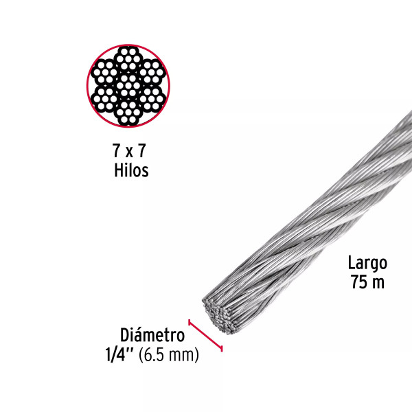 Cable rígido 1/4" de acero 7x7 hilos, 75 m, FIERO | Ferretería General Ferreterias Ferretodo