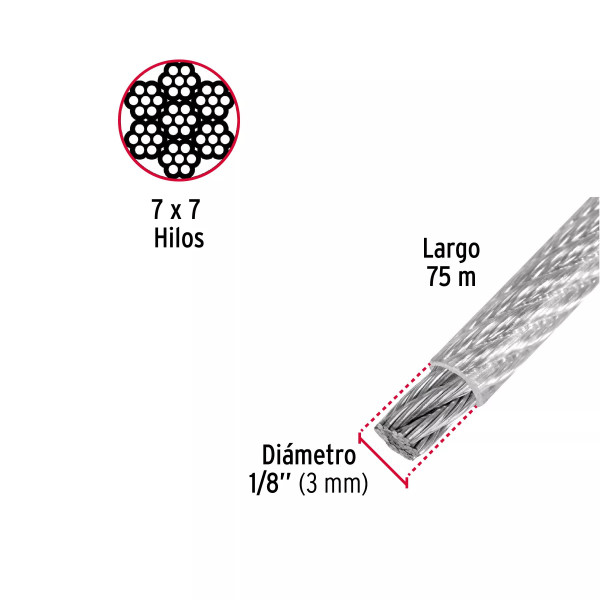 Cable rígido 1/8" acero 7x7 recubierto PVC, 75 m | Ferretería General Ferreterias Ferretodo