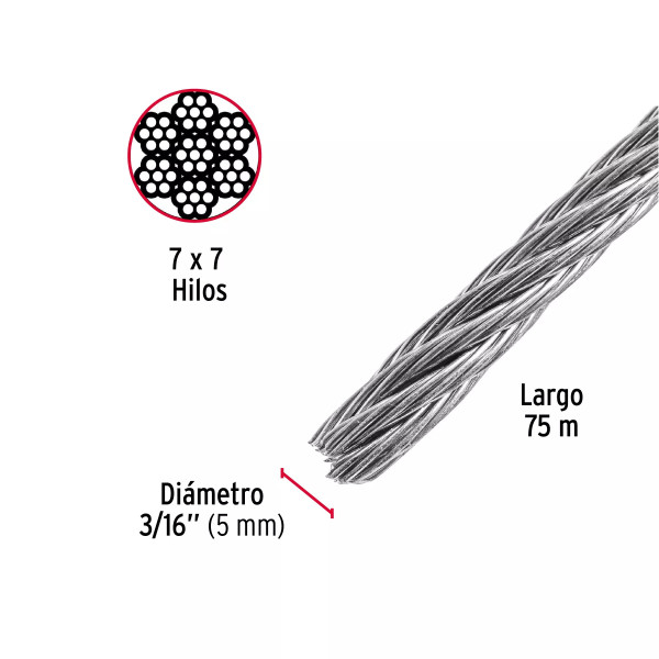 Cable rígido 3/16" de acero 7x7 hilos, 75 m, FIERO | Ferretería General Ferreterias Ferretodo