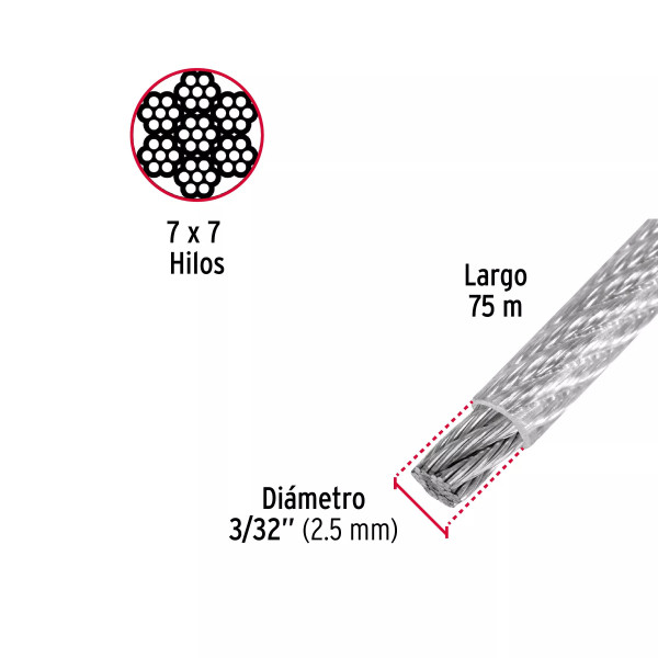Cable rígido 3/32" acero 7x7 recubierto PVC, 75 m | Ferretería General Ferreterias Ferretodo