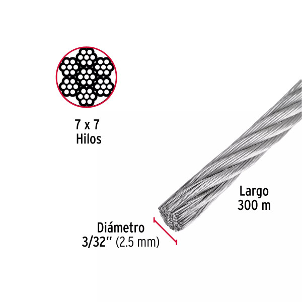 Cable rígido 3/32" de acero 7x7 hilos, 300 m, FIERO | Ferretería General Ferreterias Ferretodo