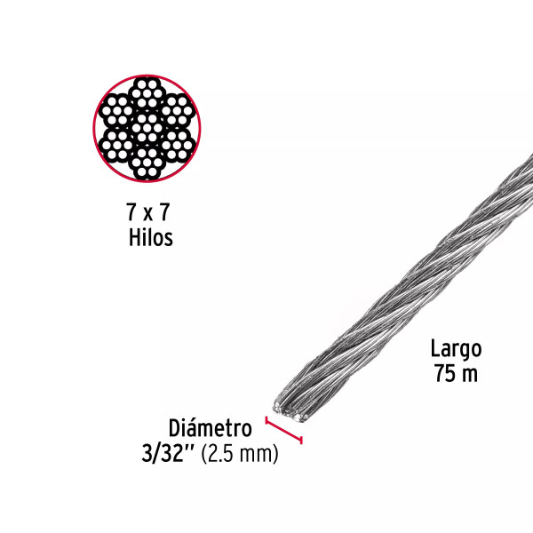 Cable rígido 3/32" de acero 7x7 hilos, 75 m, FIERO | Ferretería General Ferreterias Ferretodo