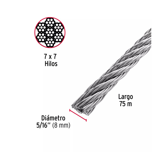 Cable rígido 5/16" de acero 7x7 hilos, 75 m, FIERO | Ferretería General Ferreterias Ferretodo