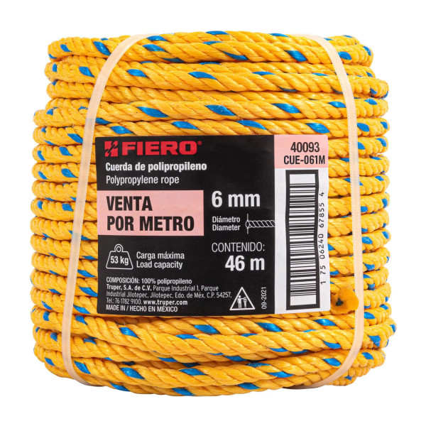 Cuerda amarilla de polipropileno 6 mm, rollo 46m | Ferretería General Ferreterias Ferretodo
