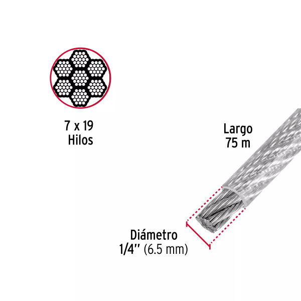 Cable flexible 1/4" acero 7x19 recubierto PVC, 75 m | Ferretería General Ferreterias Ferretodo