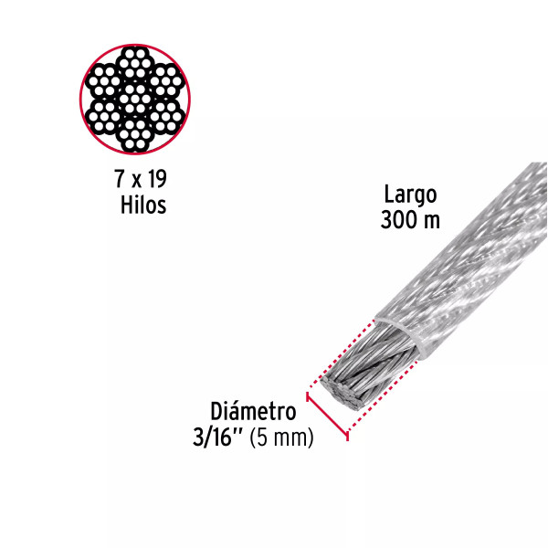 Cable flexible 3/16" acero 7x19 recubierto PVC, 300 m | Ferretería General Ferreterias Ferretodo