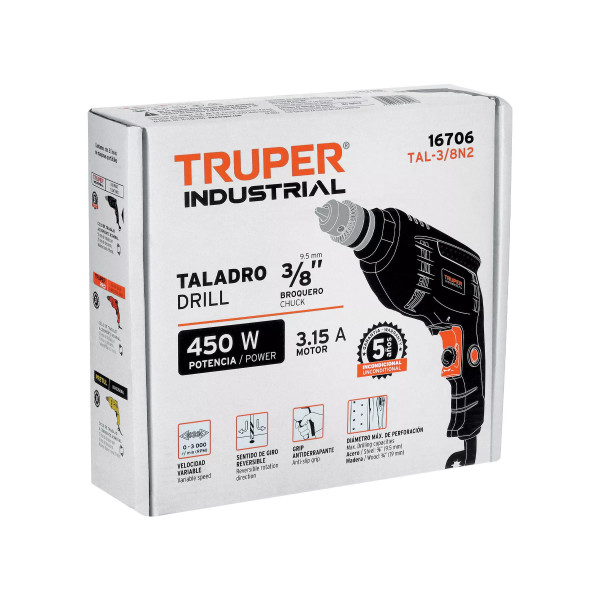 Taladro 3/8' 450 W, Industrial, Truper | Herramientas Eléctricas