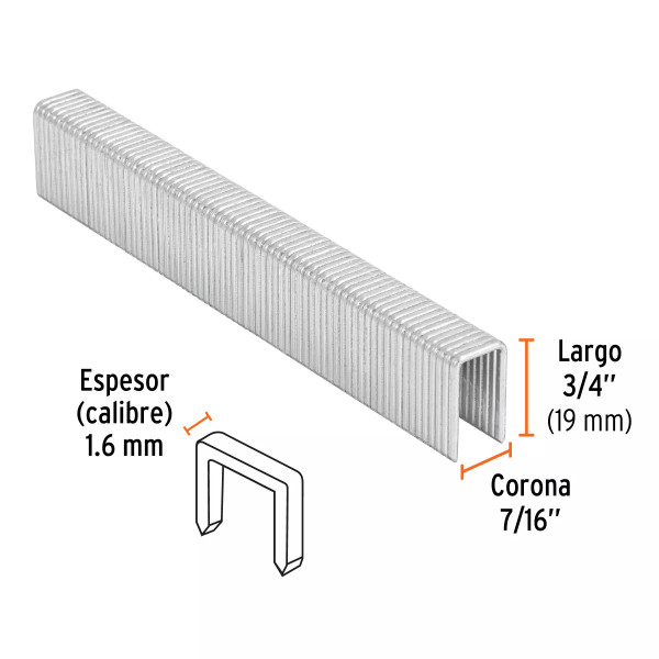 ‣ Caja 1000 Grapas Corona 7/16' Cal. 16, 19mm | Ferretodo