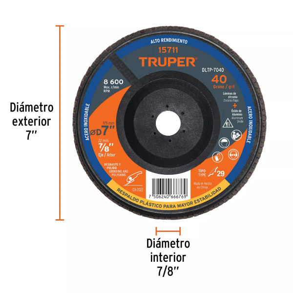 ‣ Disco laminado 7" grano 40, TRUPER... | Truper