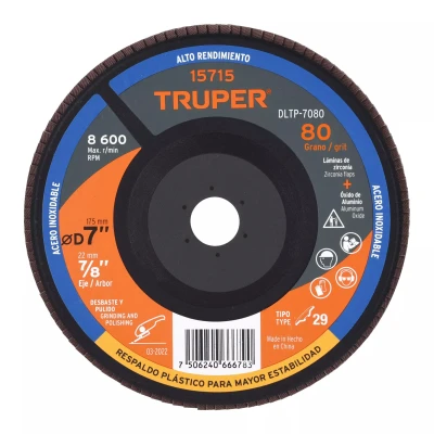 Disco laminado 7" grano 80 centro 7/8", plástico, TRUPER