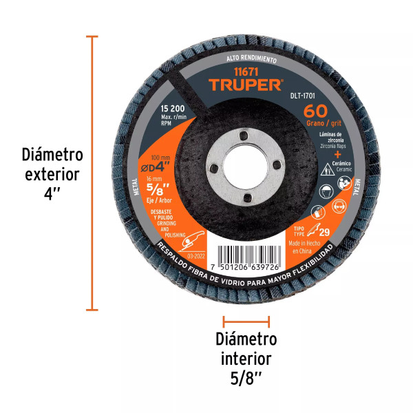 ‣ Disco laminado 4", grano 60, TRUPER... | Truper