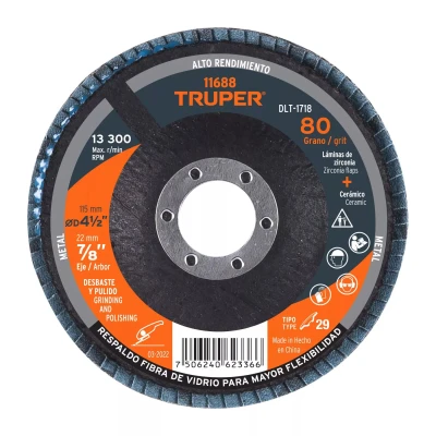 Disco laminado 4-1/2", grano 80 centro 7/8", fibra, TRUPER