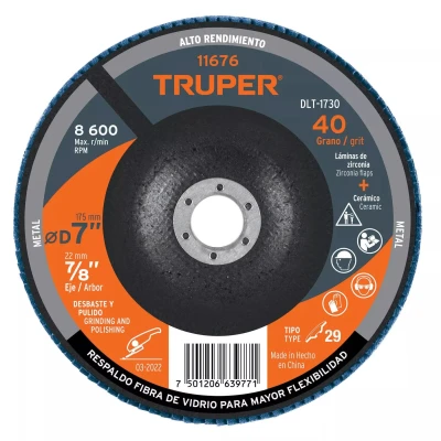 Disco laminado 7", grano 40 centro 7/8", fibra, TRUPER