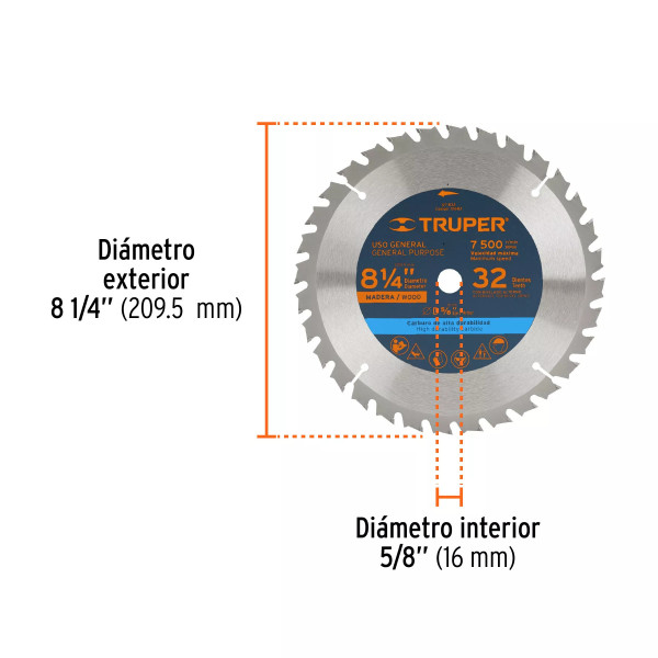 ‣ Disco sierra 8-1/4" madera, 32 dientes... | Truper
