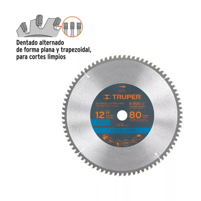 Disco sierra 12" para aluminio, 80 dientes centro 1", Truper