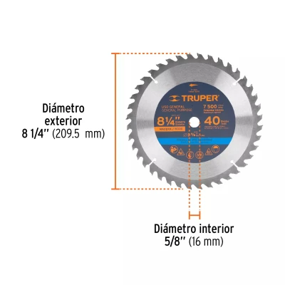 Disco sierra 8-1/4" para madera, 40 dientes centro 5/8"