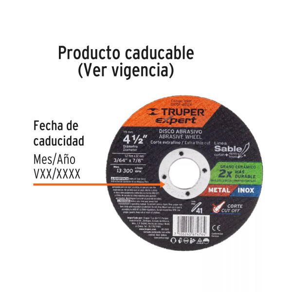 ‣ Disco Tipo 41 4-1/2" corte fino metal... | Truper Expert