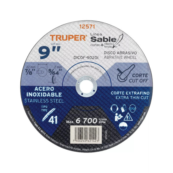 ‣ Disco Tipo 41 9"x2mm corte fino inox Sable | Truper