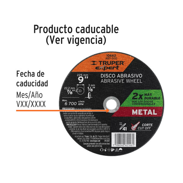 ‣ Disco Corte Metal 9" Tipo 41... | Truper Expert