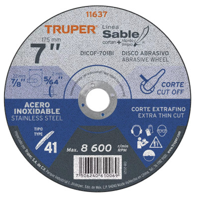 ‣ Disco Tipo 41 7" Corte Fino para Acero Inox... | Truper